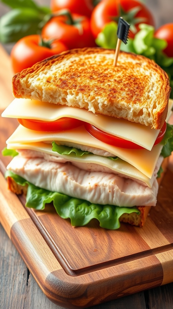 A simple turkey and cheese sandwich on whole grain bread with lettuce and tomato on a cutting board.